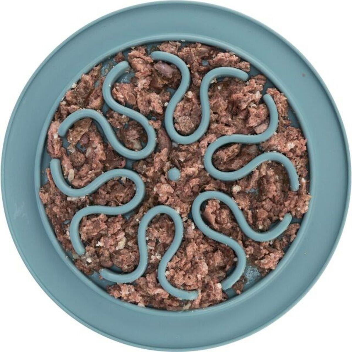 Una ciotola blu riempita di cibo tritato, divisa da divisori blu a forma di S.