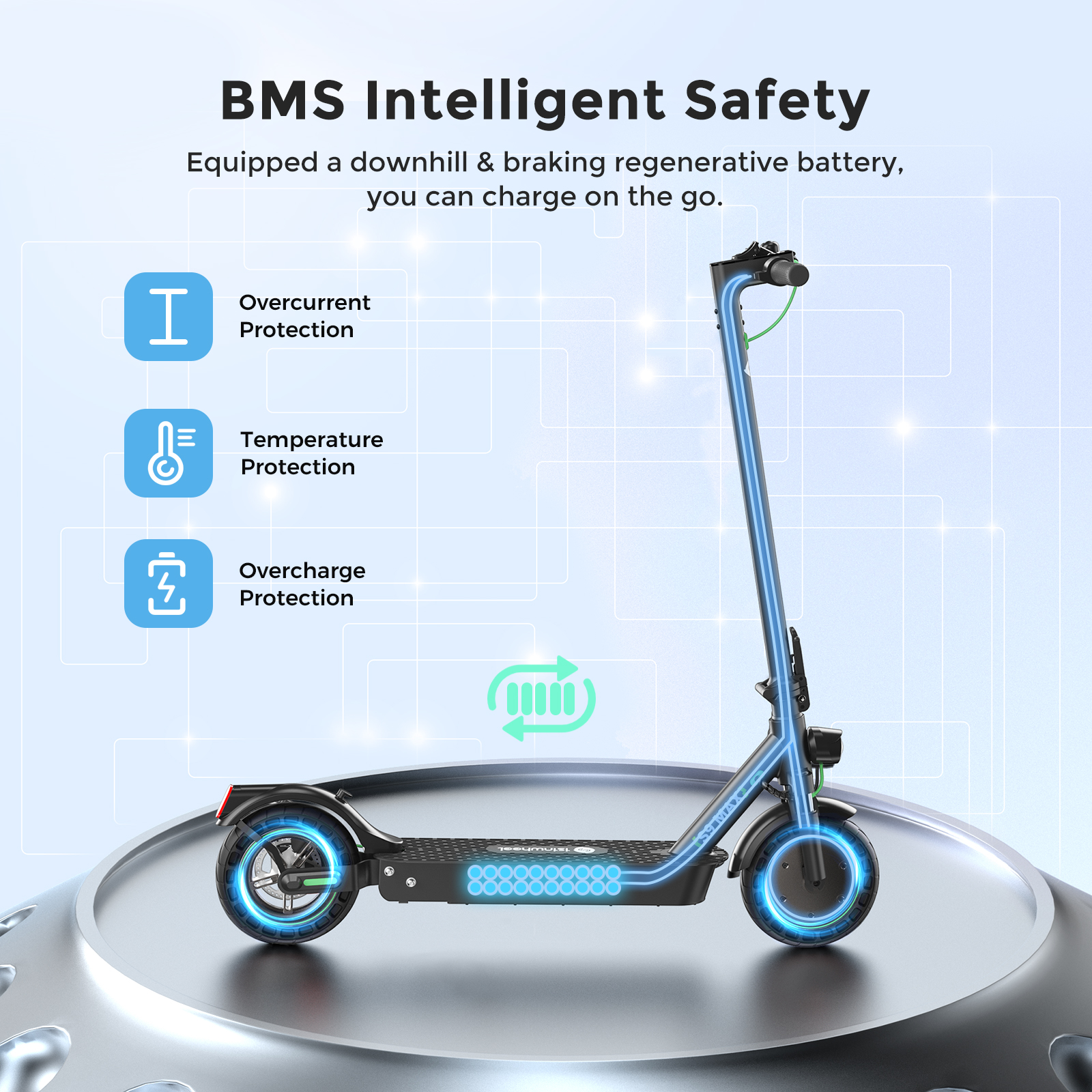 Ein E-Scooter mit BMS-Sicherheitsfunktionen wie Überstrom-, Temperatur- und Überladungsschutz.