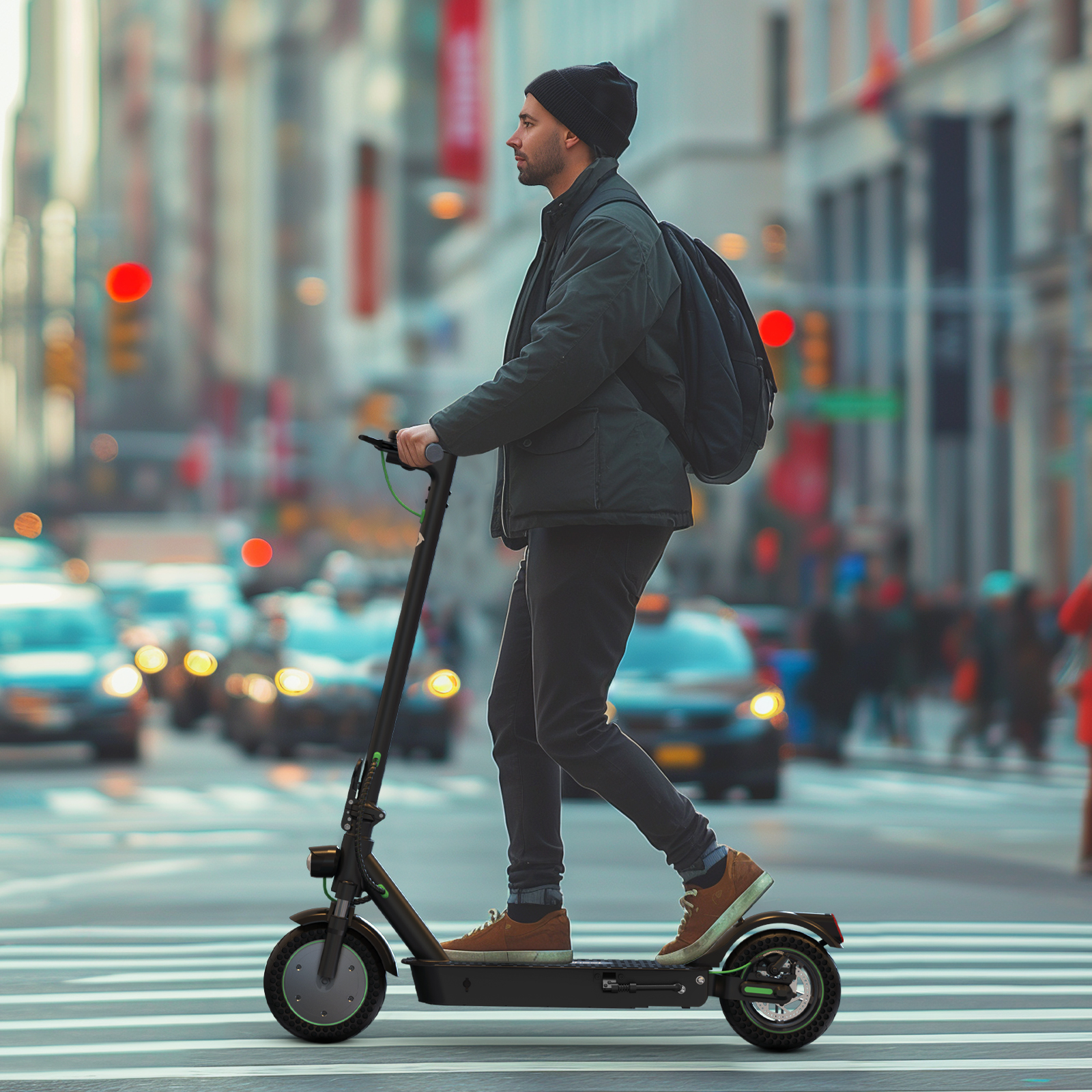 Mann fährt E-Scooter über Zebrastreifen in Stadt.