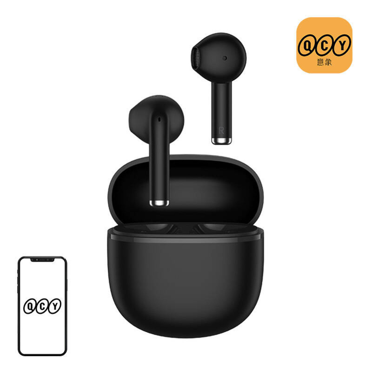 Auricolari wireless neri con custodia di ricarica e icona del telefono. Logo QCY.
