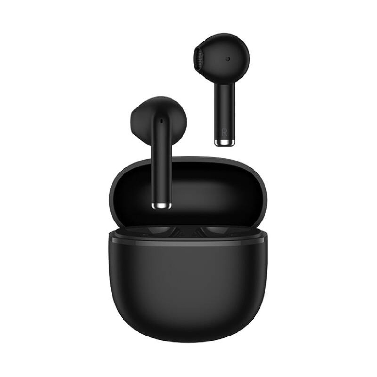 Auricolari wireless neri con custodia di ricarica. Un auricolare nella custodia, uno accanto.