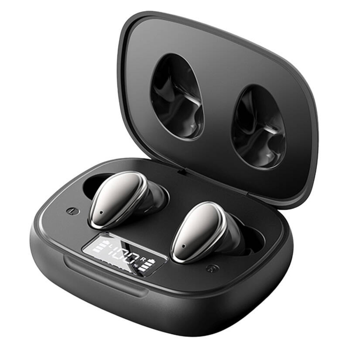 Auricolari wireless argentati in una custodia di ricarica nera con display digitale.