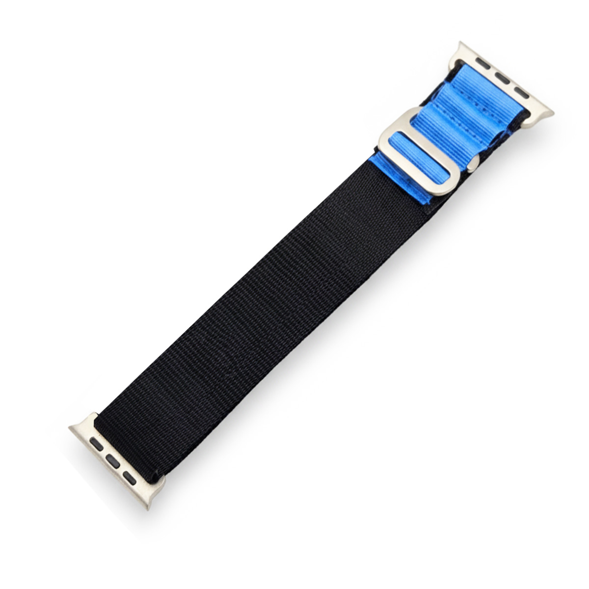 Schwarzes Armband mit blauem Akzent und Metallschnalle für eine Smartwatch.