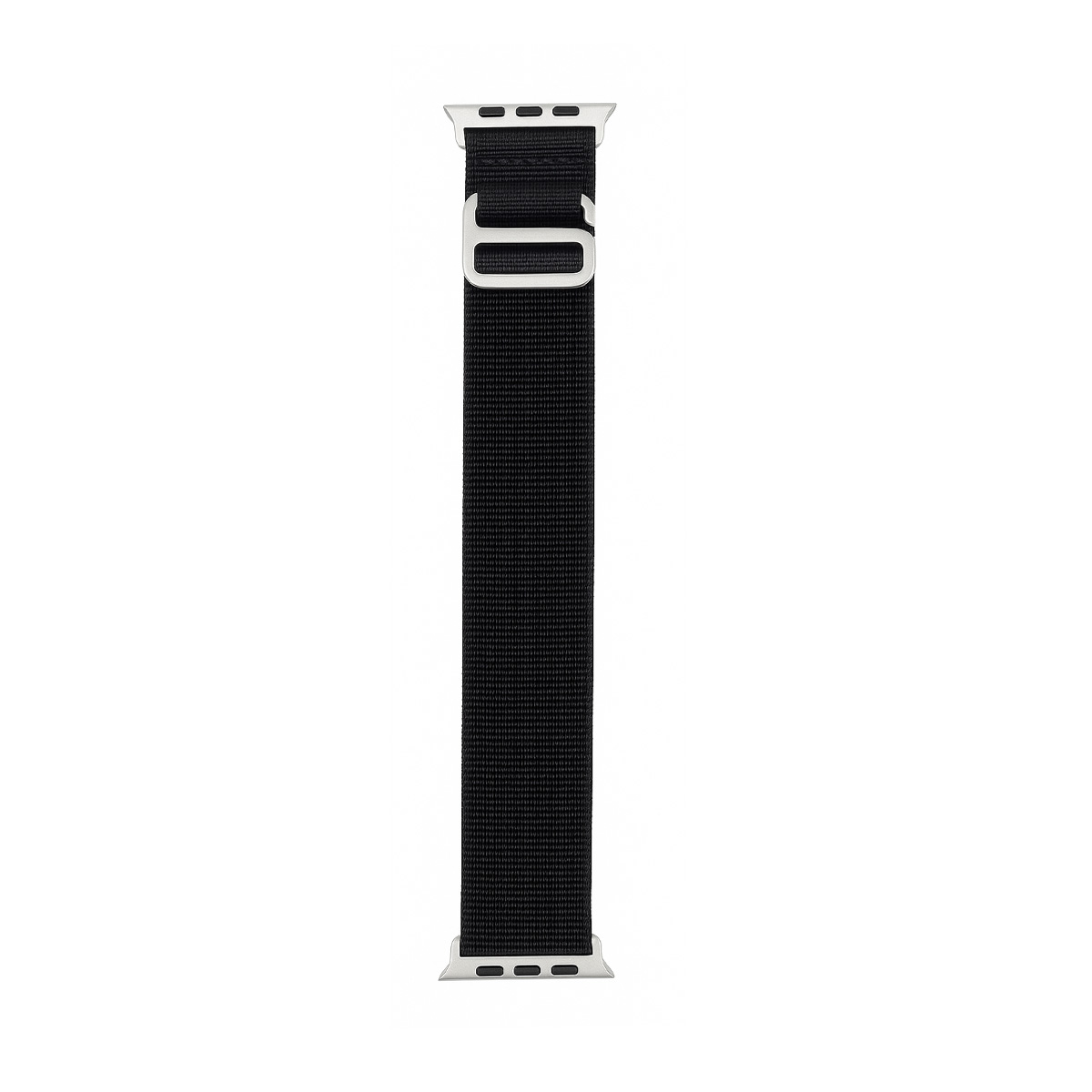 Schwarzes Apple Watch Armband mit silbernen Anschlüssen und einer Schnalle.