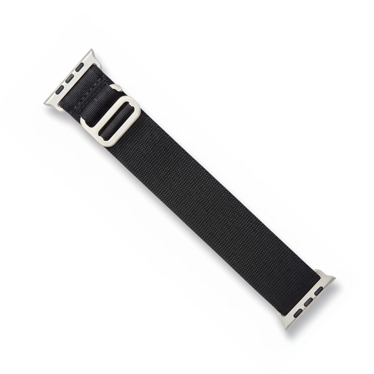 Schwarzes Uhrenarmband aus Stoff mit silberner Schnalle und Anschlüssen.