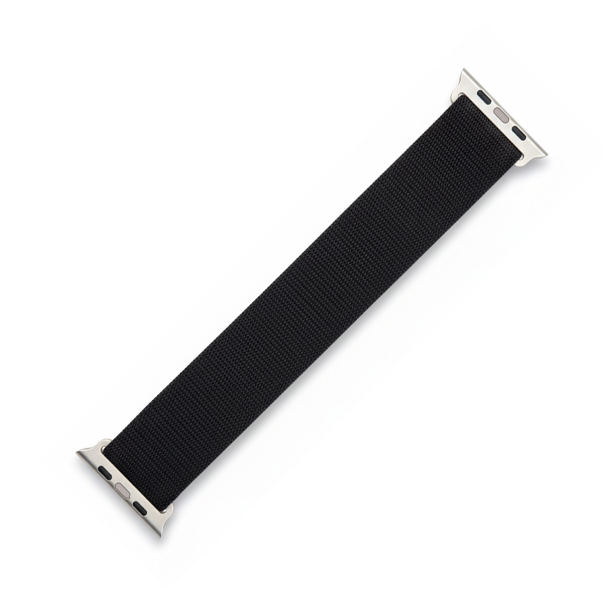 Schwarzes Apple Watch Armband aus Stoff mit silbernen Anschlüssen.