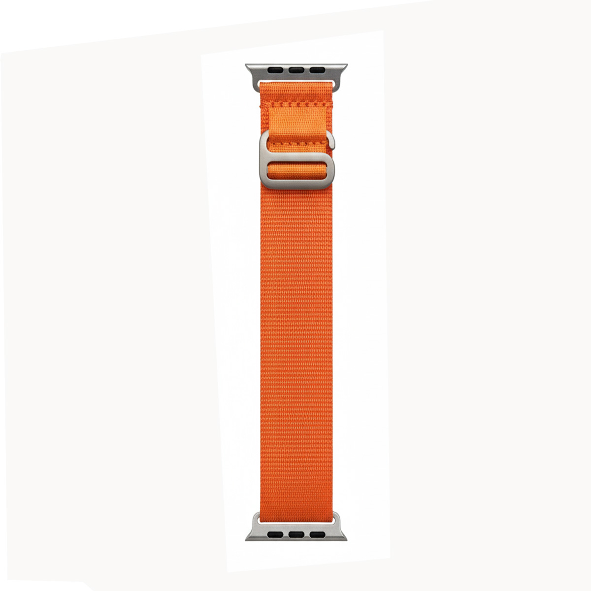 Ein oranges Apple Watch Armband aus Stoff mit silbernen Anschlüssen.