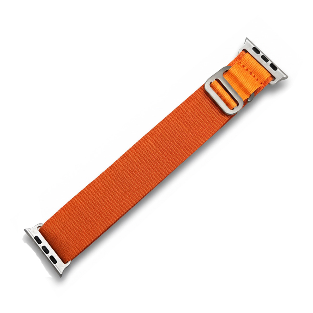 Ein orangefarbenes Armband aus Stoff mit Metallschnalle und silbernen Anschlüssen.