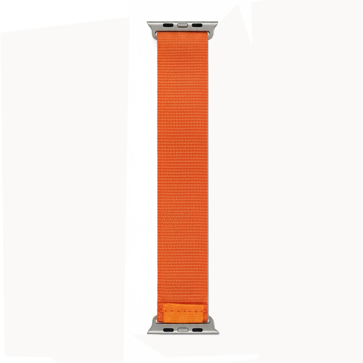 Ein orangefarbenes Apple Watch Band aus Stoff mit silbernen Anschlüssen.