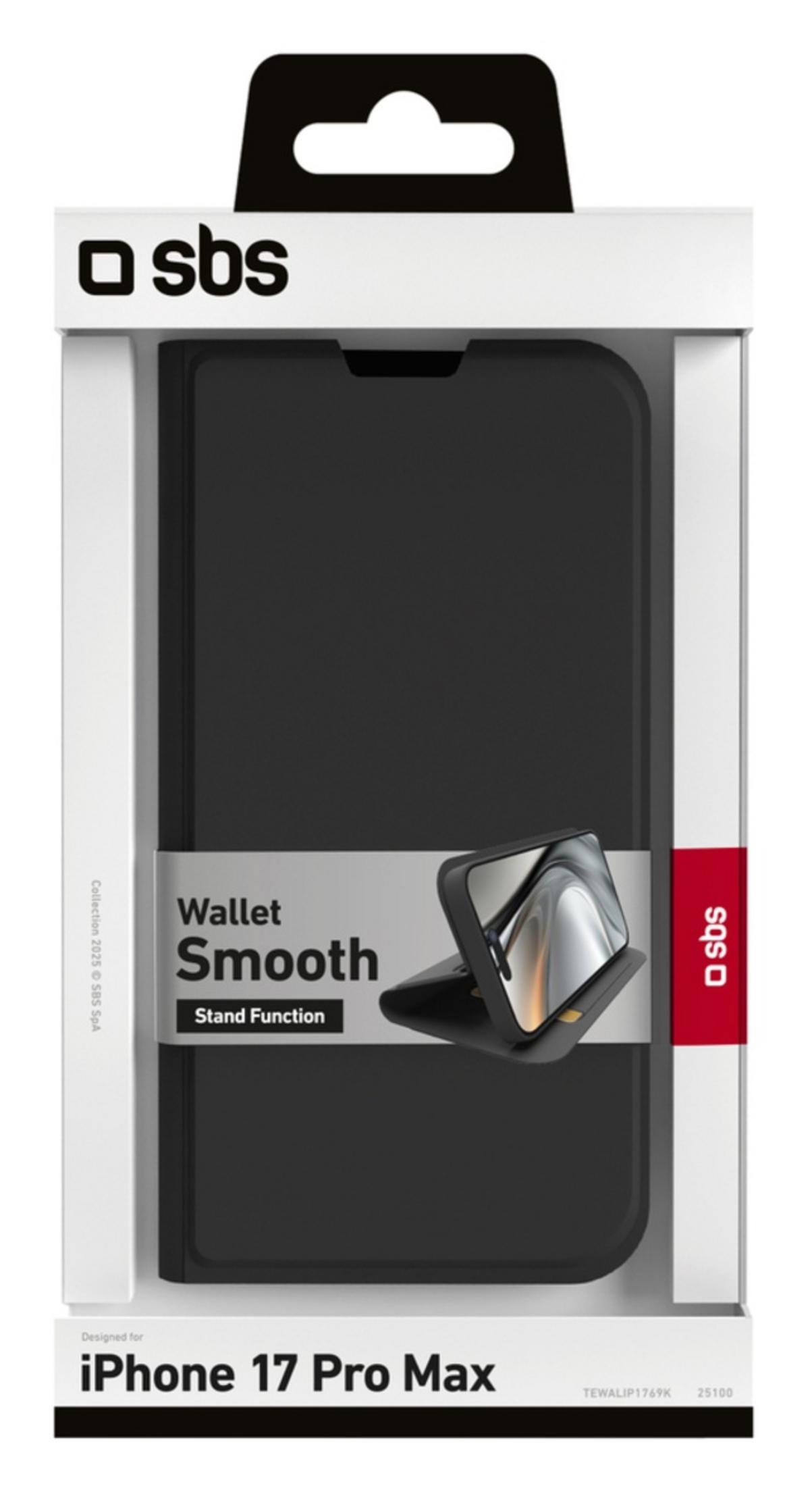 Czarne etui portfelowe SBS do iPhone 17 Pro Max z funkcją stojaka.