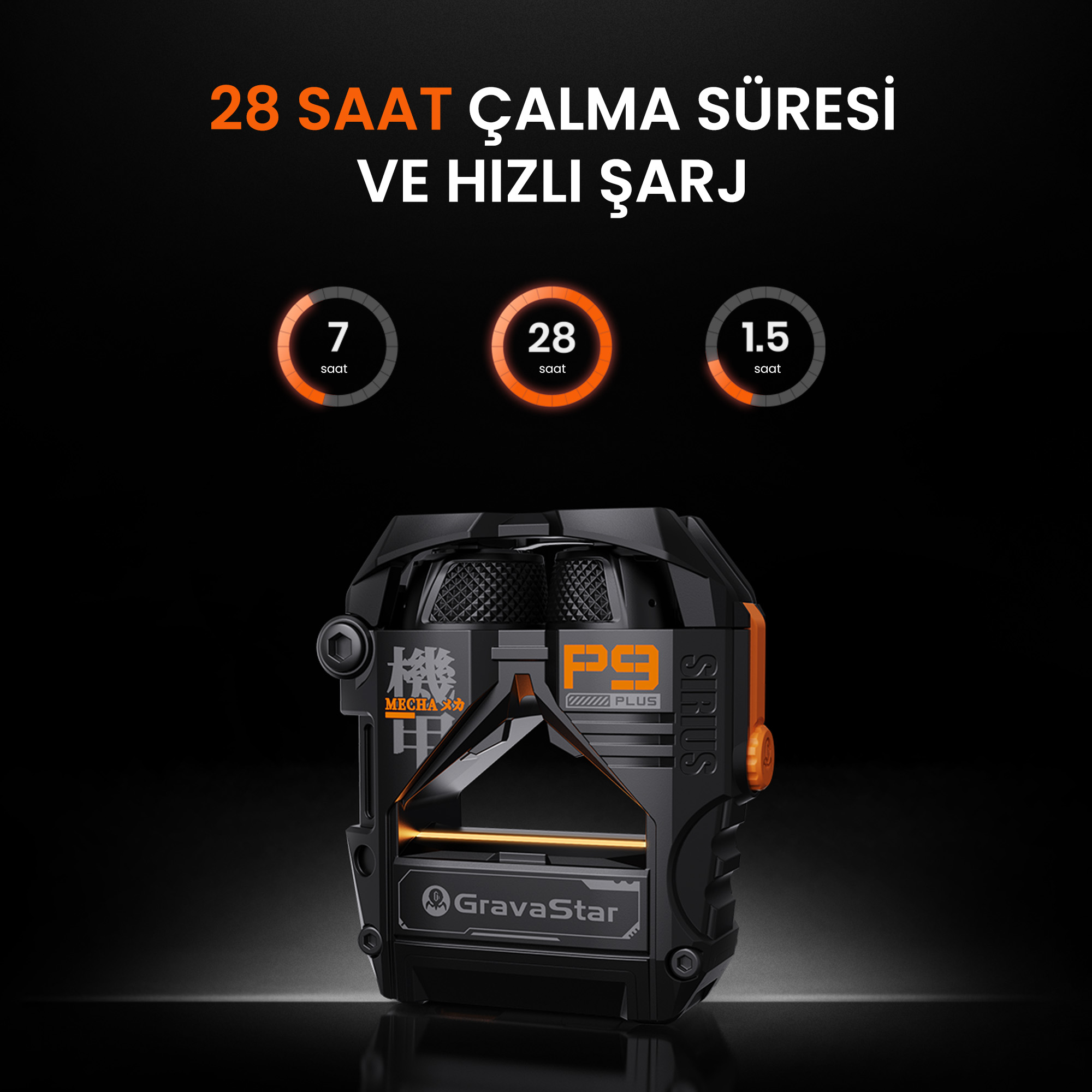 Turuncu aksanlı siyah cihaz, 28 saat pil ömrü.