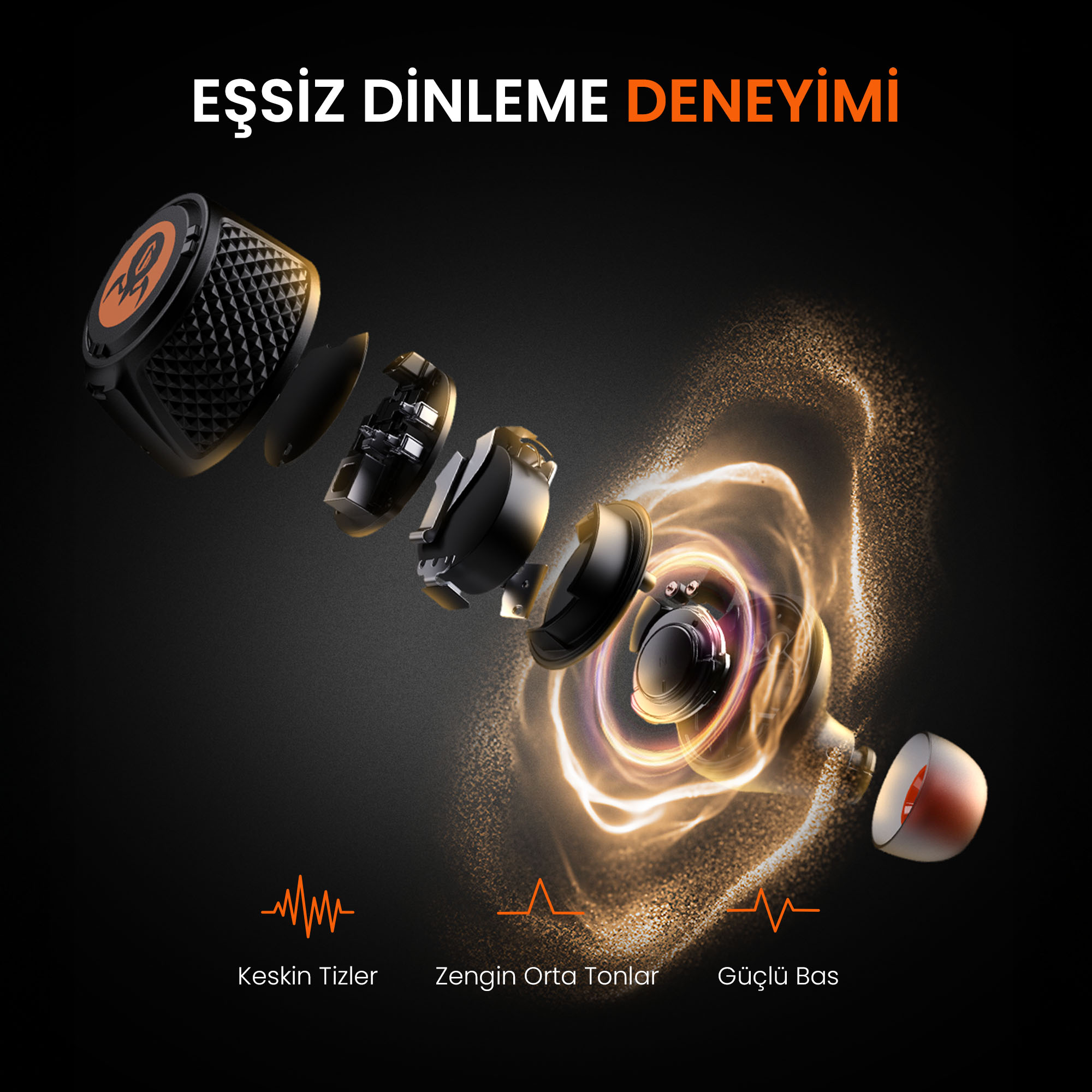 Ses dalgası ve parçacık efektli kulaklıkların patlatılmış görünümü.