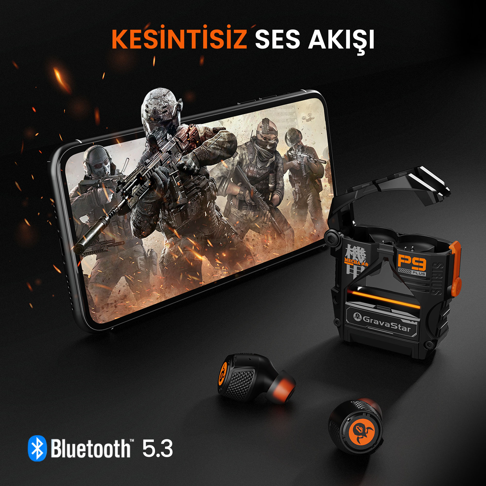Oyun kulaklığı ve şarj kutusu, oyun gösteren telefon yanında. Bluetooth 5.3.