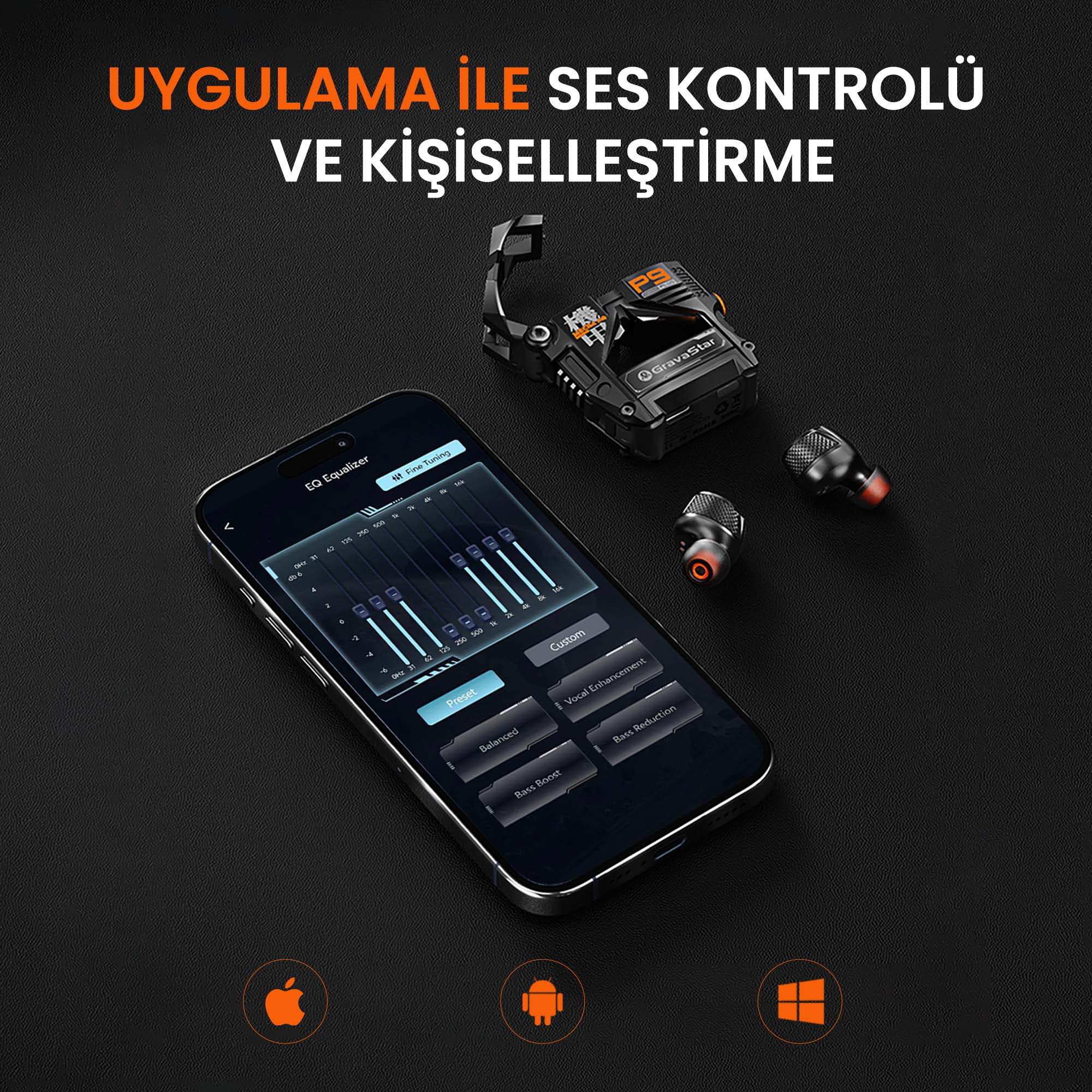 Bir akıllı telefon, yanında kulaklıklar ve şarj kutusuyla EQ ayarlarını gösteriyor.
