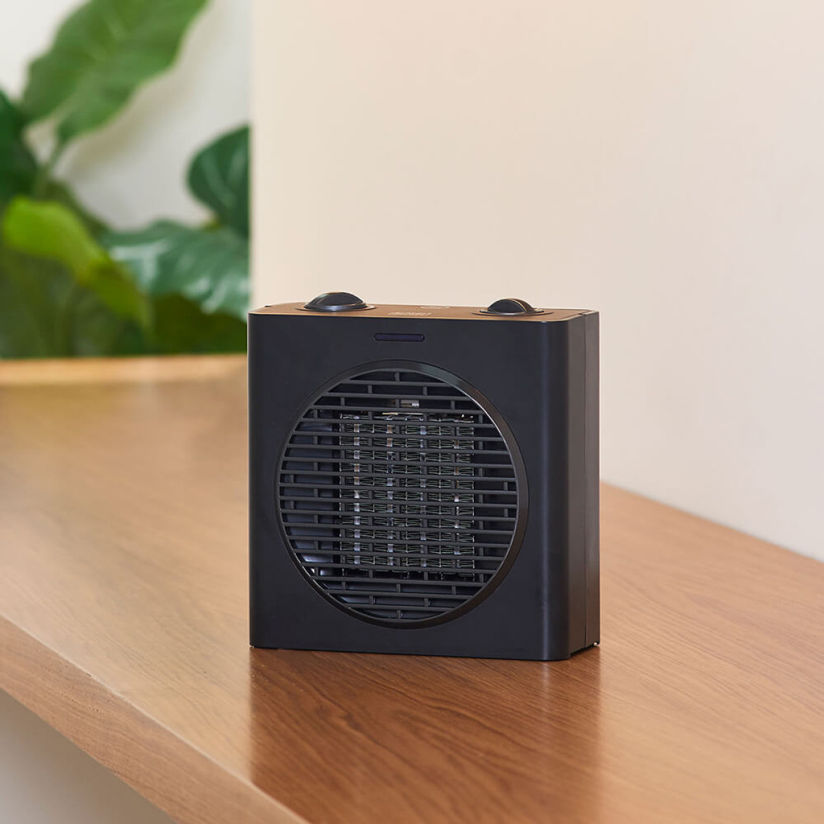 Czarna farelka stoi na drewnianym stole, w tle rośliny.