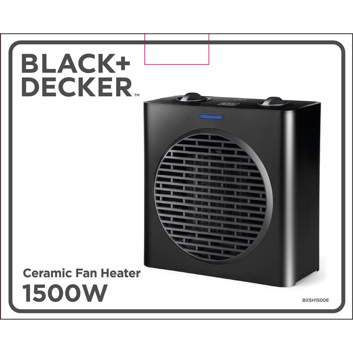 Schwarzer Keramik-Heizlüfter von BLACK+DECKER, 1500W, mit runder Lüfteröffnung.