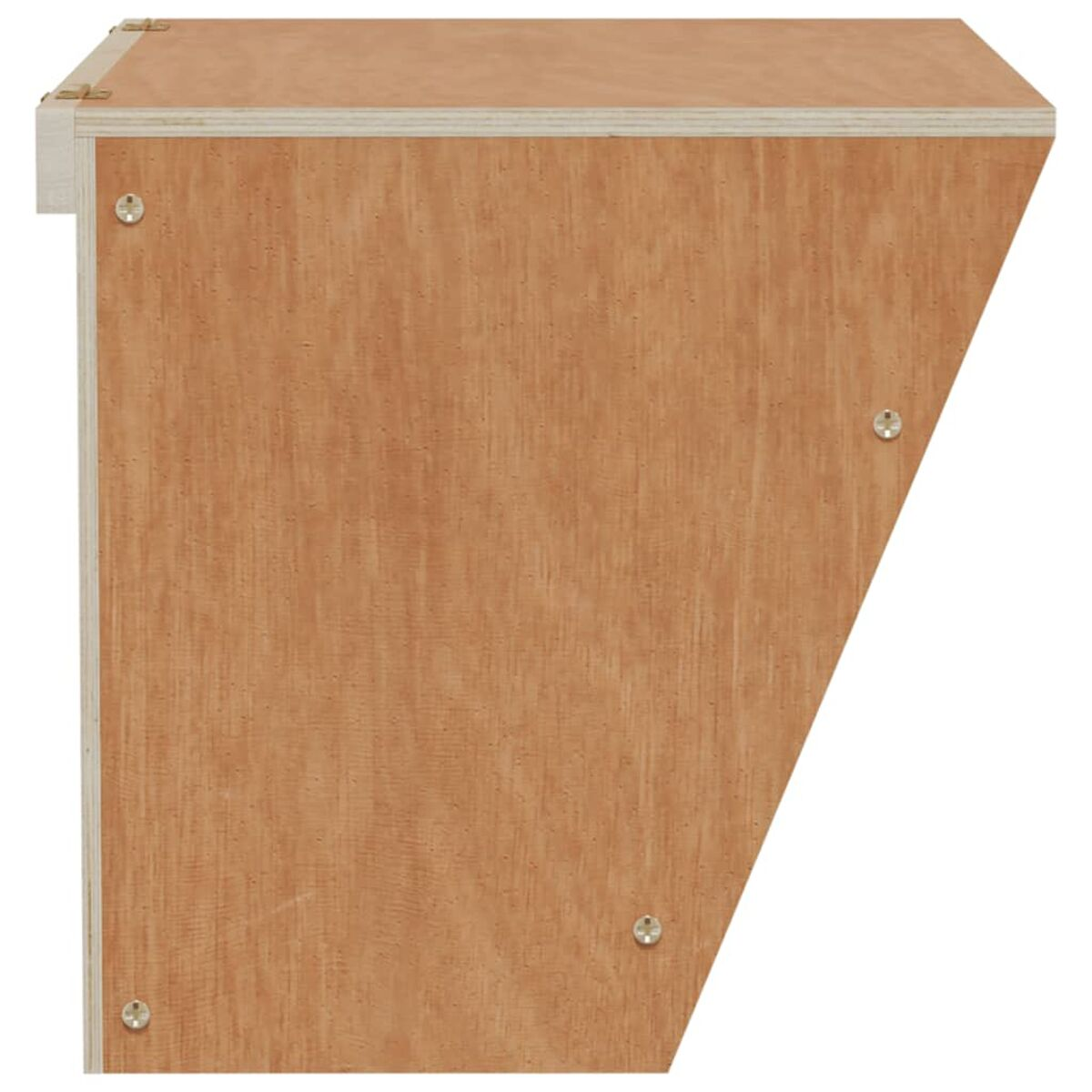 Holzkiste mit sichtbaren Schrauben und Metallscharnieren an der Oberseite.