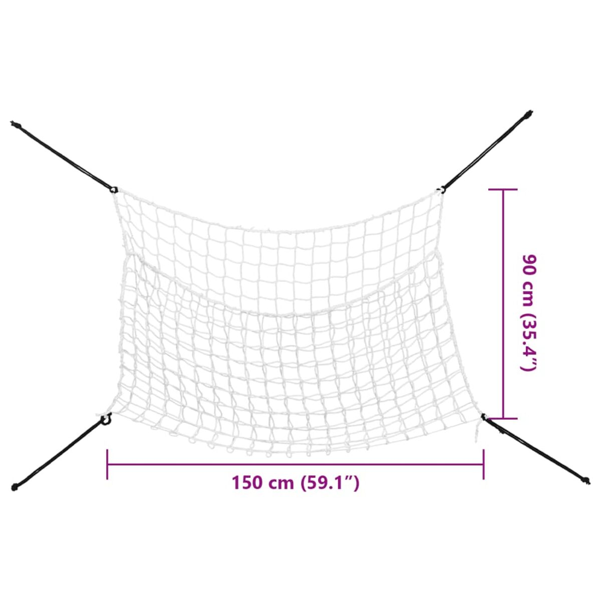 Ein weißes Netz, 150cm breit und 90cm hoch, mit schwarzen Befestigungsseilen.