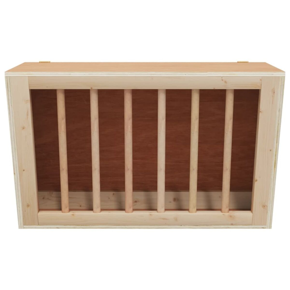 Cassa di legno con barre verticali e sfondo marrone.