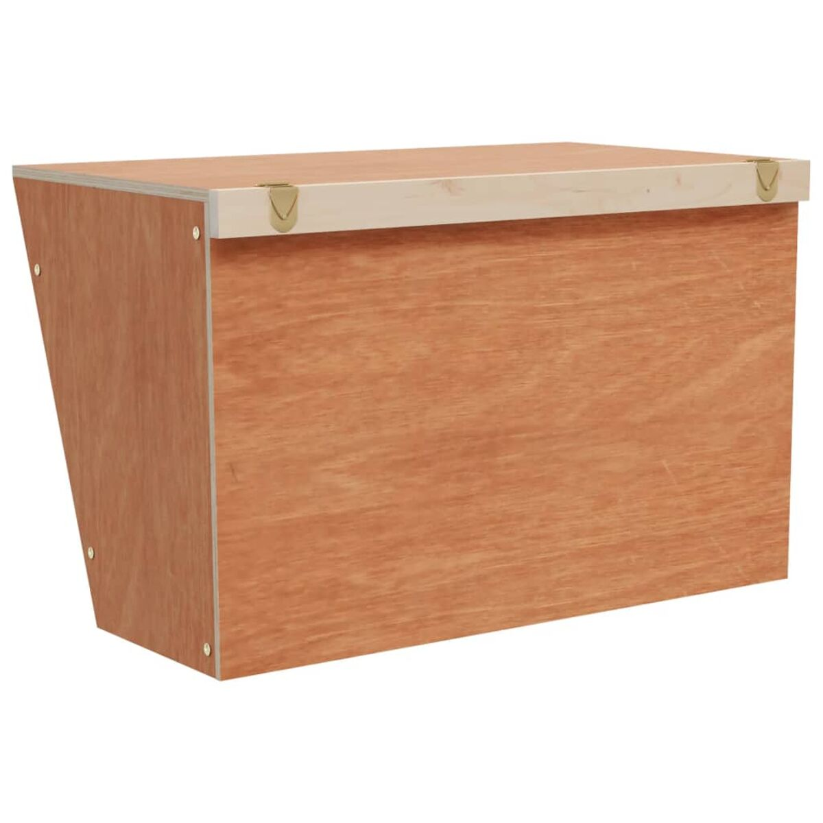 Una scatola di legno con lati obliqui e chiusure in ottone.
