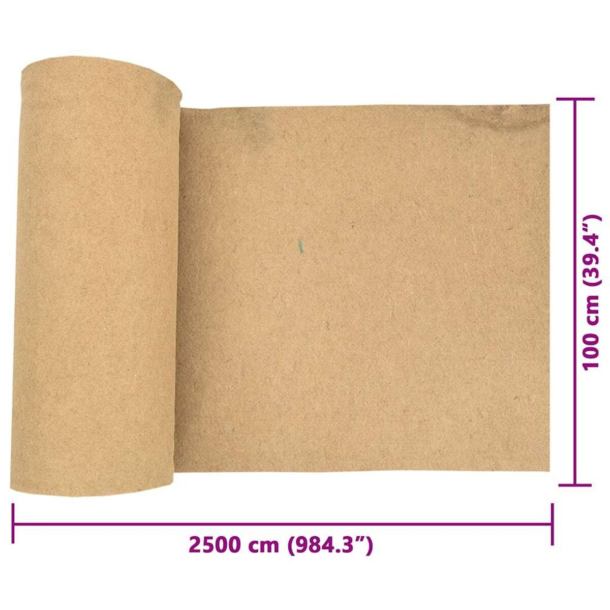Un pezzo di feltro marrone arrotolato, lungo 2500 cm e largo 100 cm.