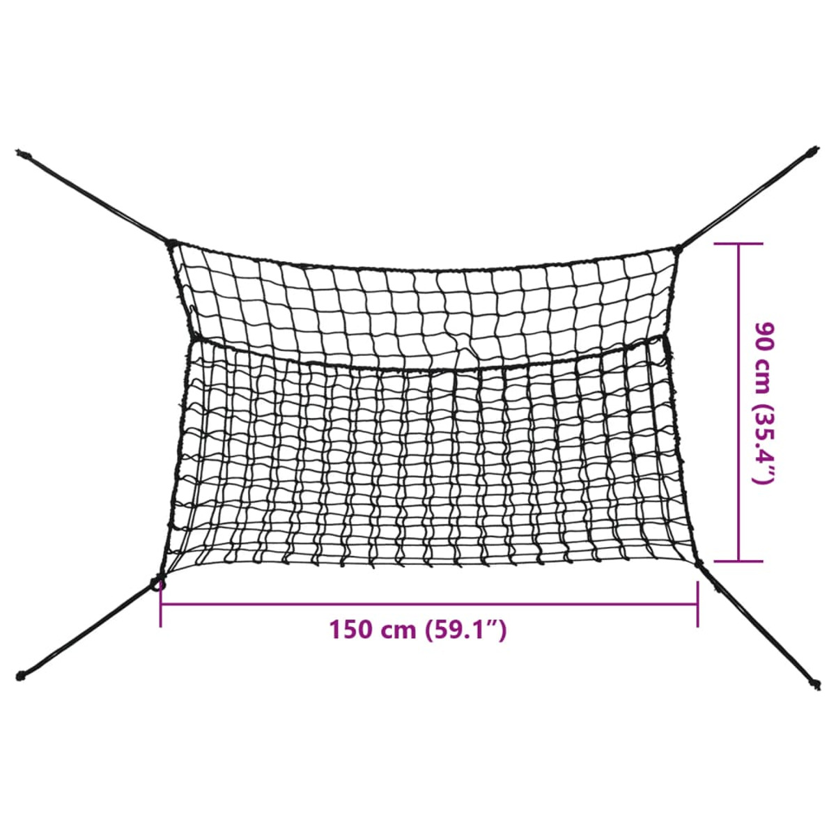 Rete nera, larga 150 cm e alta 90 cm, con corde agli angoli.