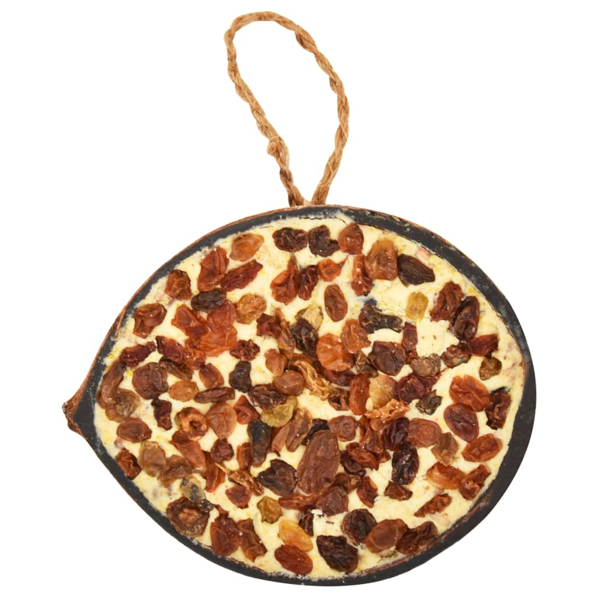 Torta ovale con uvetta e corda appesa.