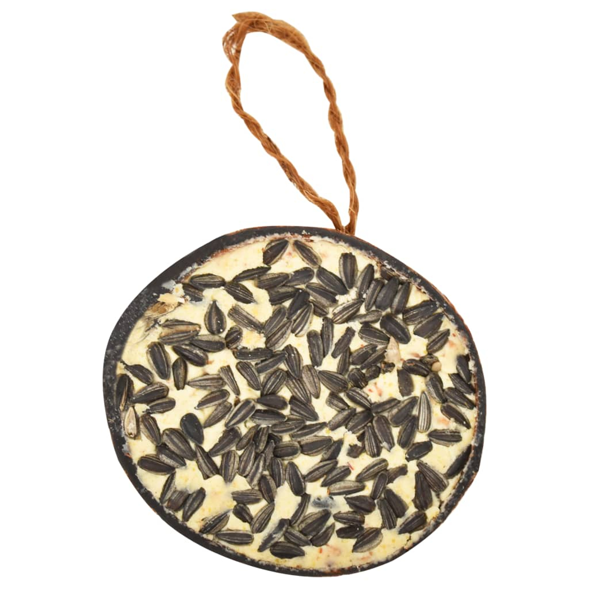 Ornamentale rotondo per uccelli con semi di girasole e anello per appendere.
