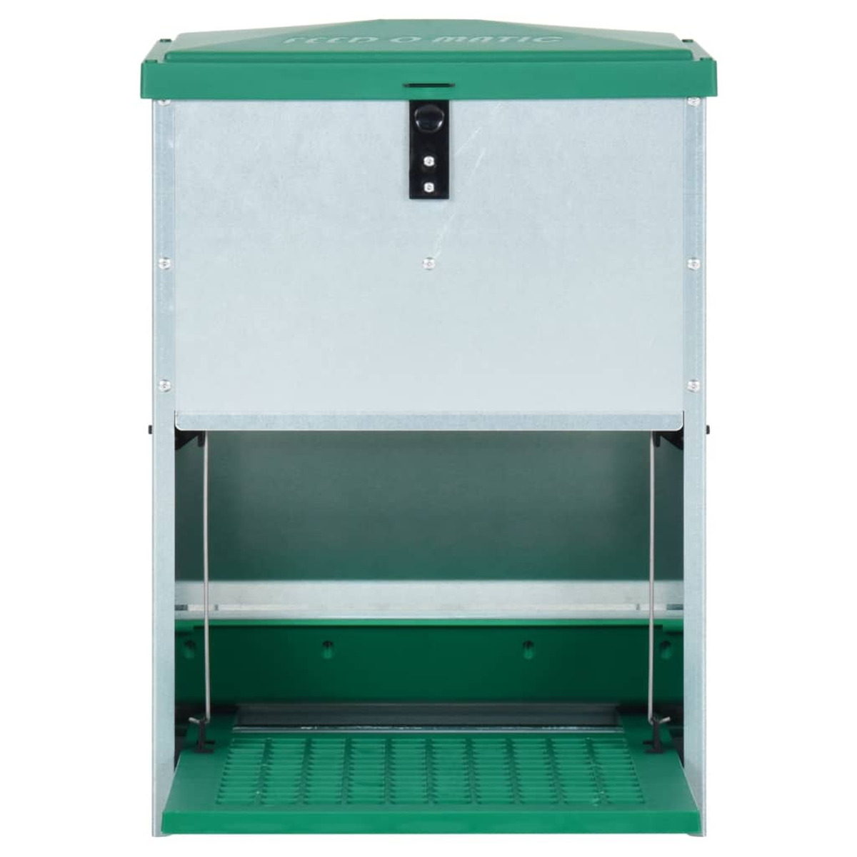 Un distributore automatico verde e argento con coperchio e scivolo.