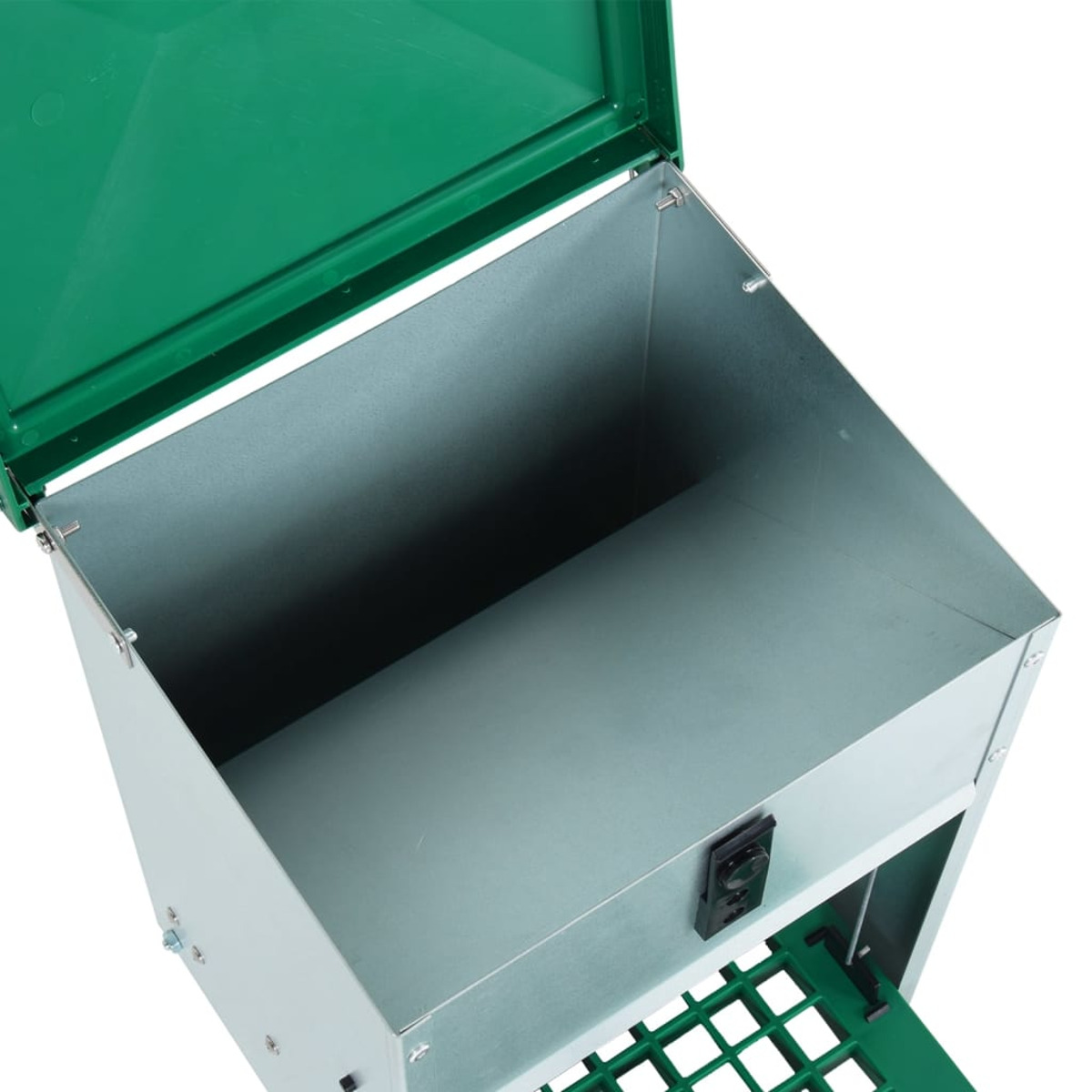 Un contenitore metallico aperto con coperchio verde e fondo a griglia.