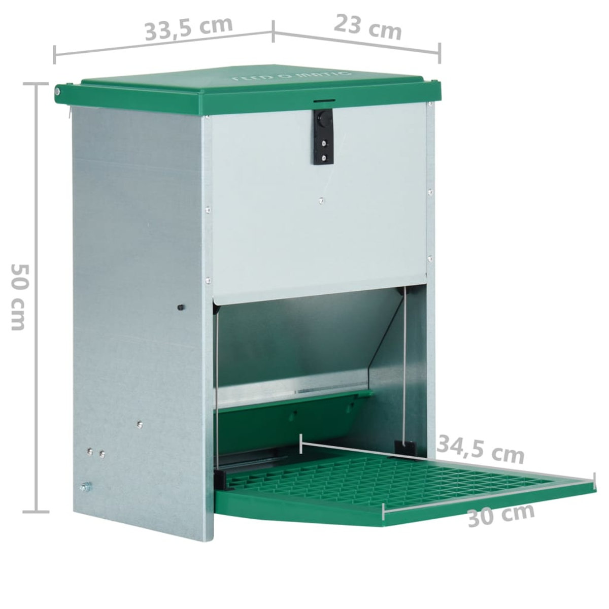 Un distributore di mangime in metallo con coperchio verde e porta aperta.