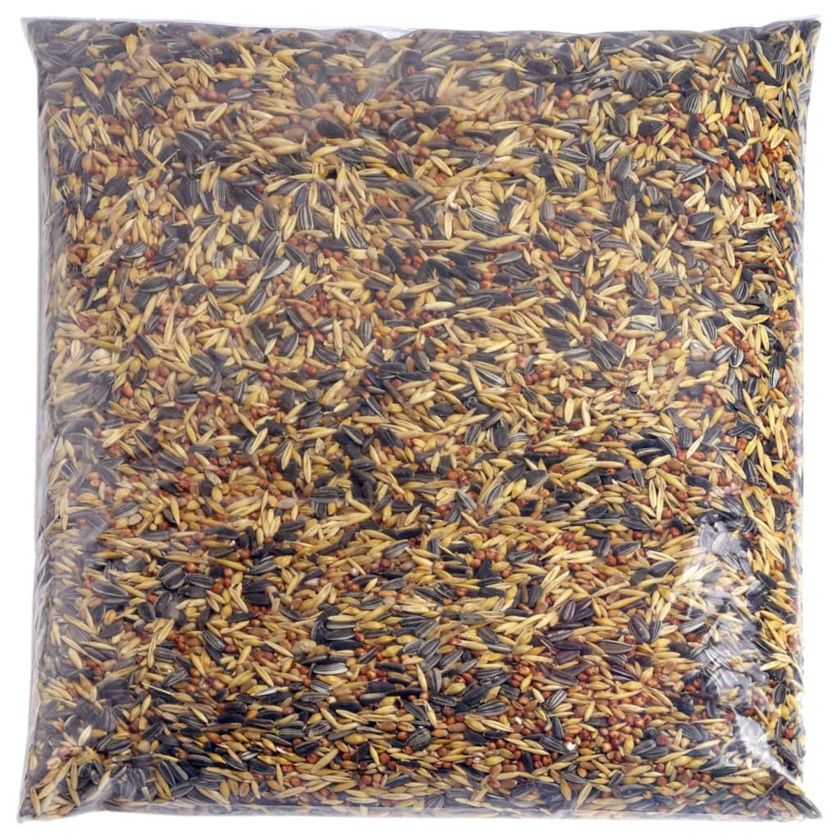 Eine klare Tasche voller Vogelfutter, Sonnenblumenkerne, Hirse und Hafer.