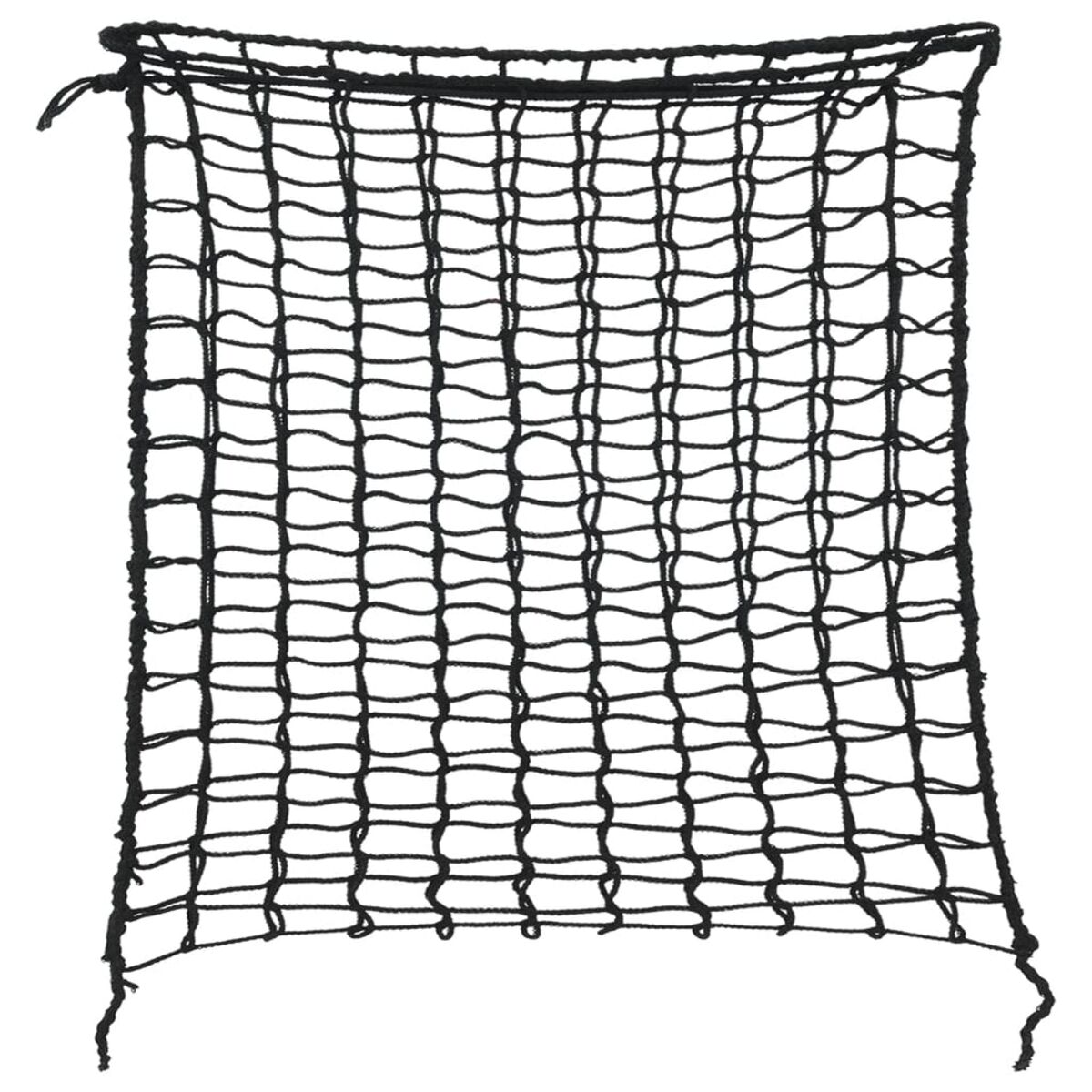 Una rete nera a maglie quadrate, isolata su sfondo bianco.