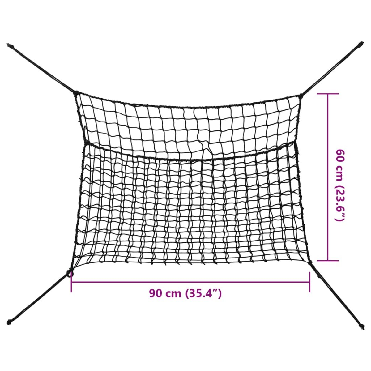 Rete di sicurezza nera con corde, dimensioni 90x60 cm.