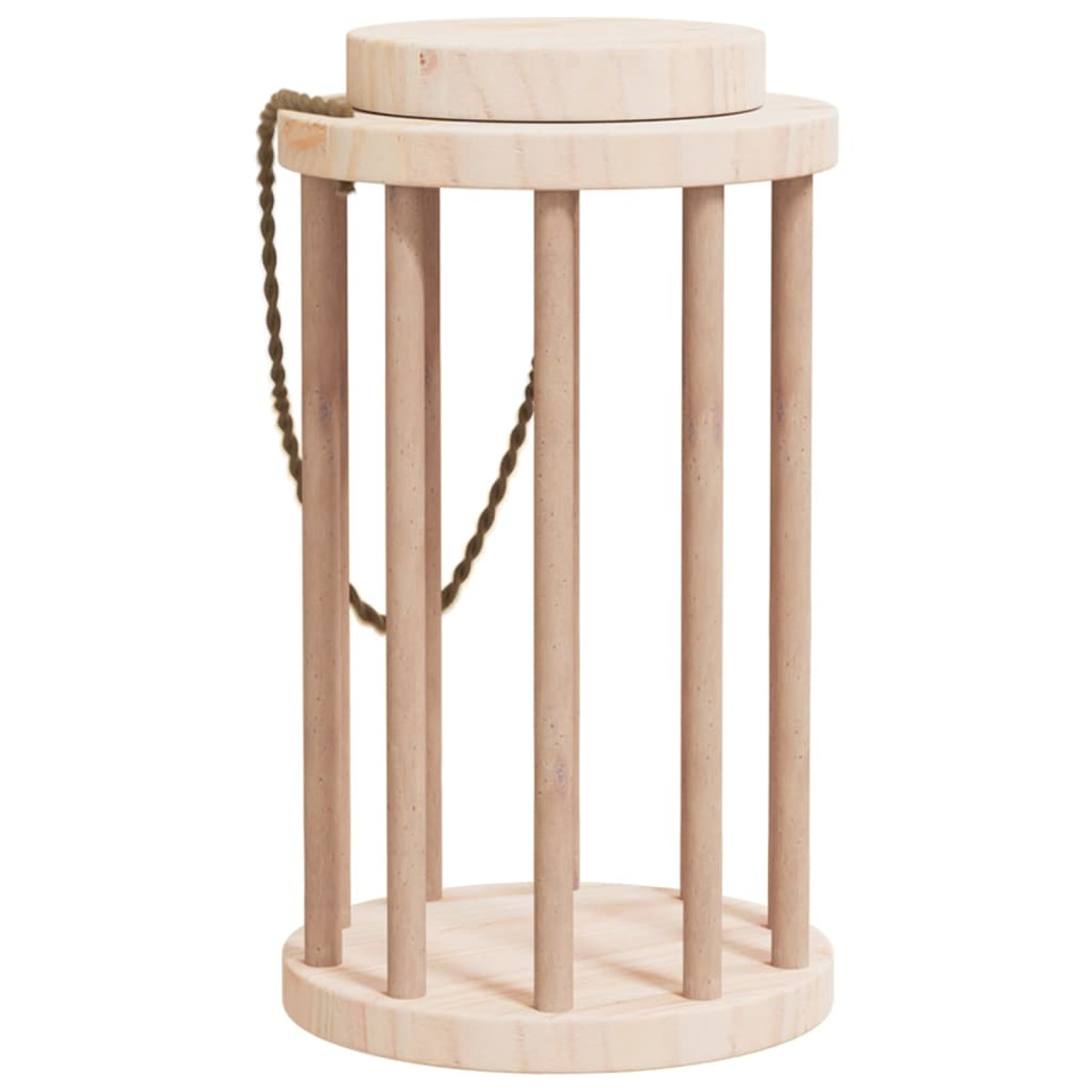 Un supporto per lanterna in legno con barre verticali e un manico.