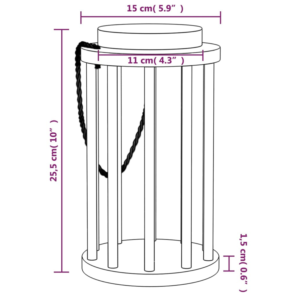 Un supporto per lanterna in legno con dimensioni: 15cm largo, 25,5cm alto, 11cm profondo.