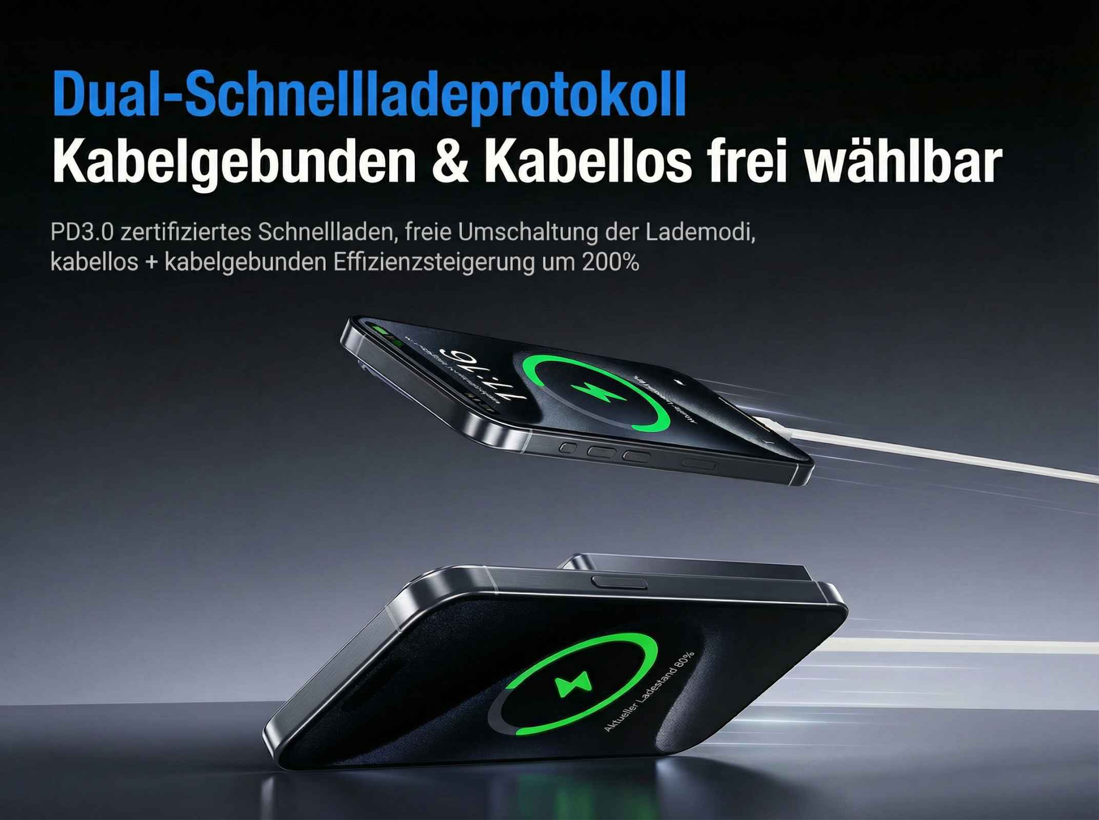Ein Smartphone lädt drahtlos auf einem Ladegerät. Dual-Schnellladeprotokoll.