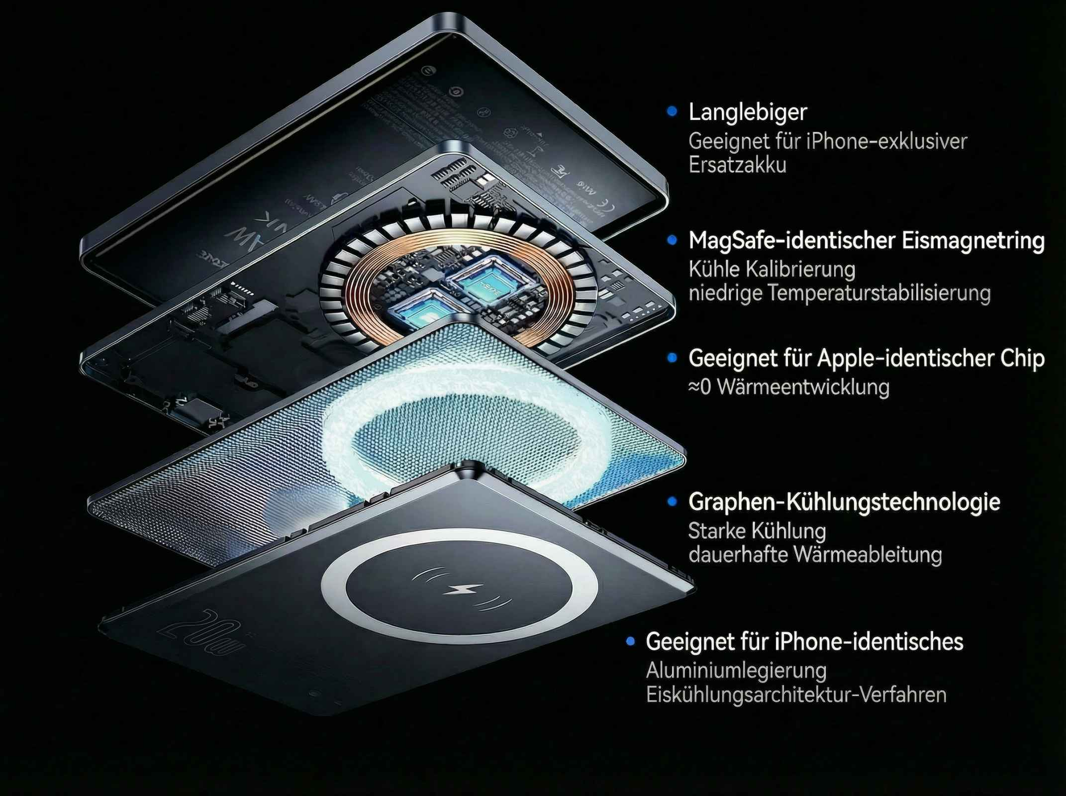Explodierte Ansicht eines MagSafe-Ladegeräts mit Fokus auf Kühltechnologie und Apple-Chip.