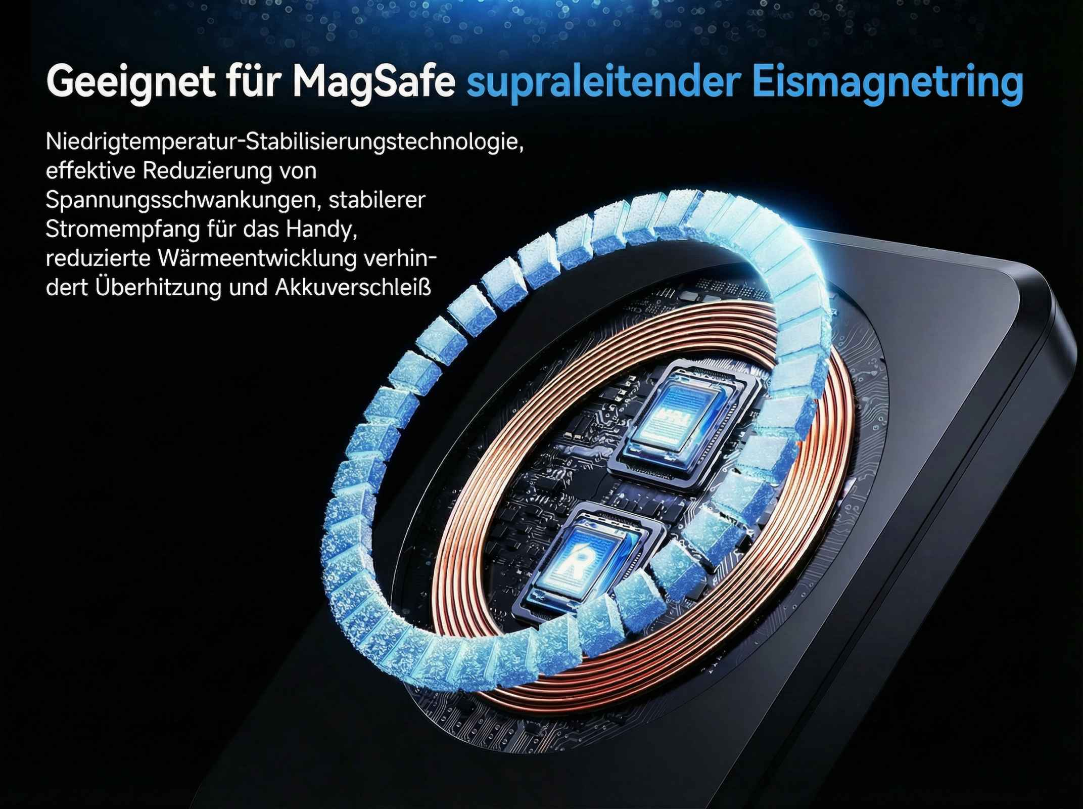 Supraleitender Magnetring mit Kühltechnologie und zwei Chips.