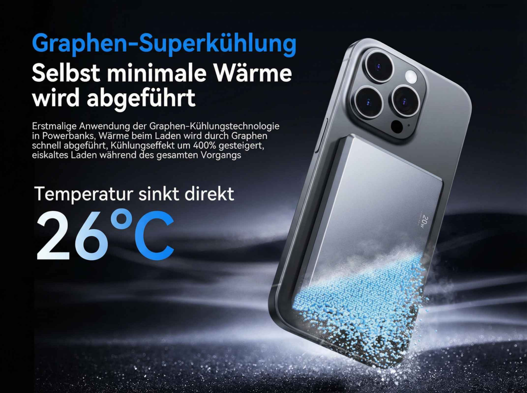 Ein Smartphone mit Graphen-Kühlung zeigt 26°C an, mit blauen Partikeln die Wärme abführen.