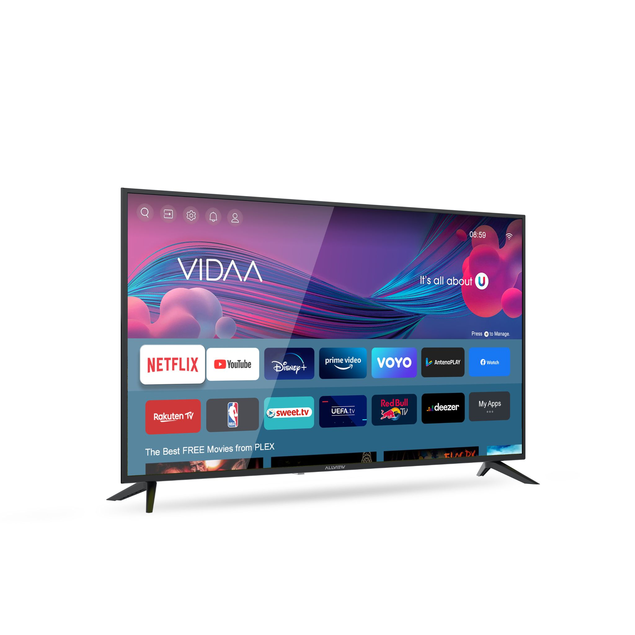 Une télévision moderne affichant un menu coloré avec des icônes d'applications comme Netflix et YouTube.