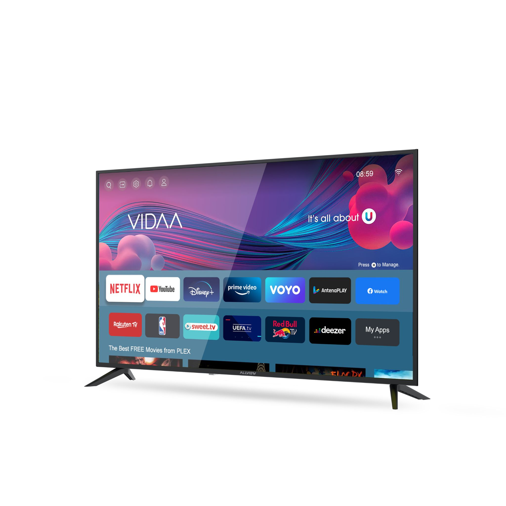 Une télévision moderne affichant l'écran d'accueil VIDAA avec des icônes d'applications.