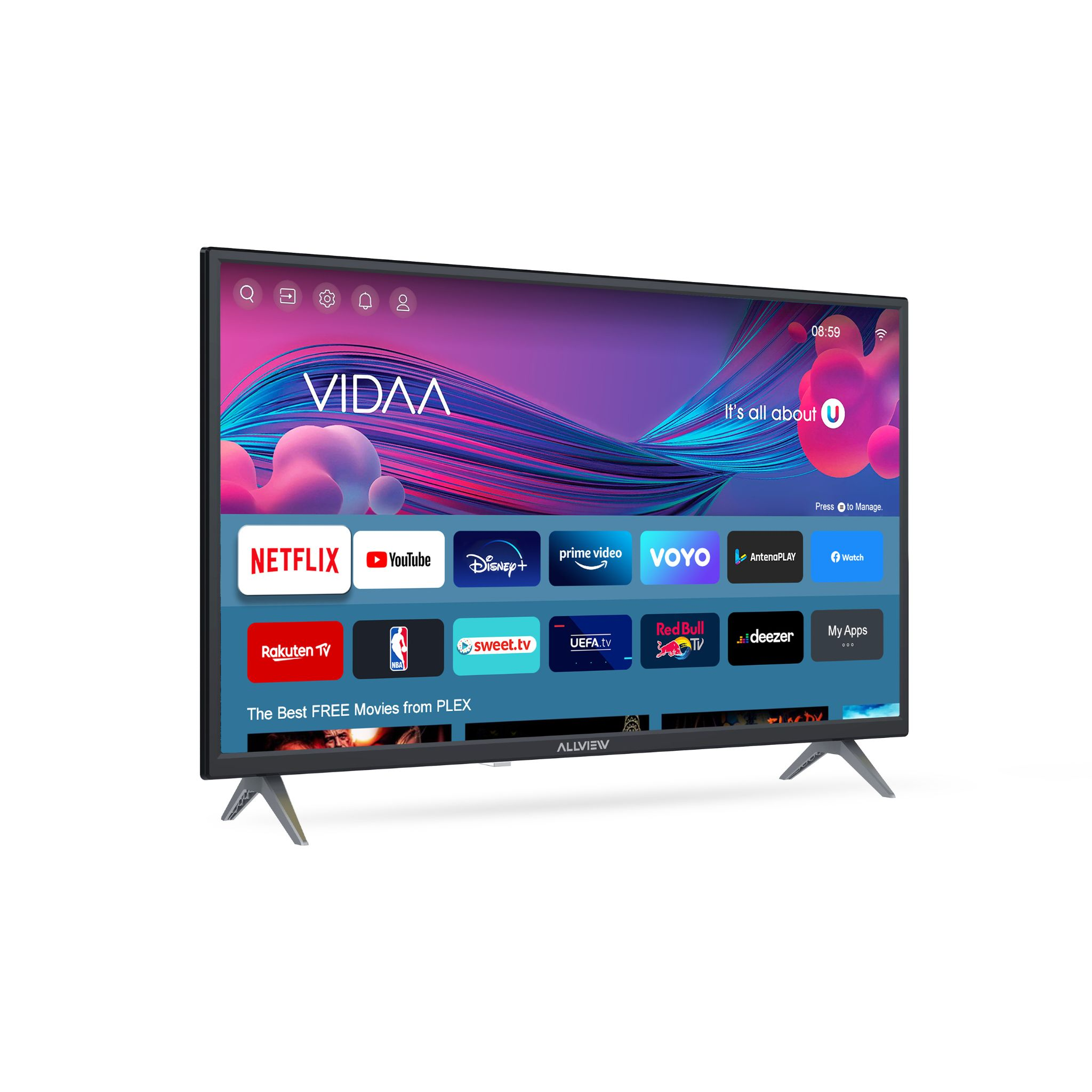 Ein moderner Fernseher mit einer Benutzeroberfläche, die Apps wie Netflix und YouTube anzeigt.