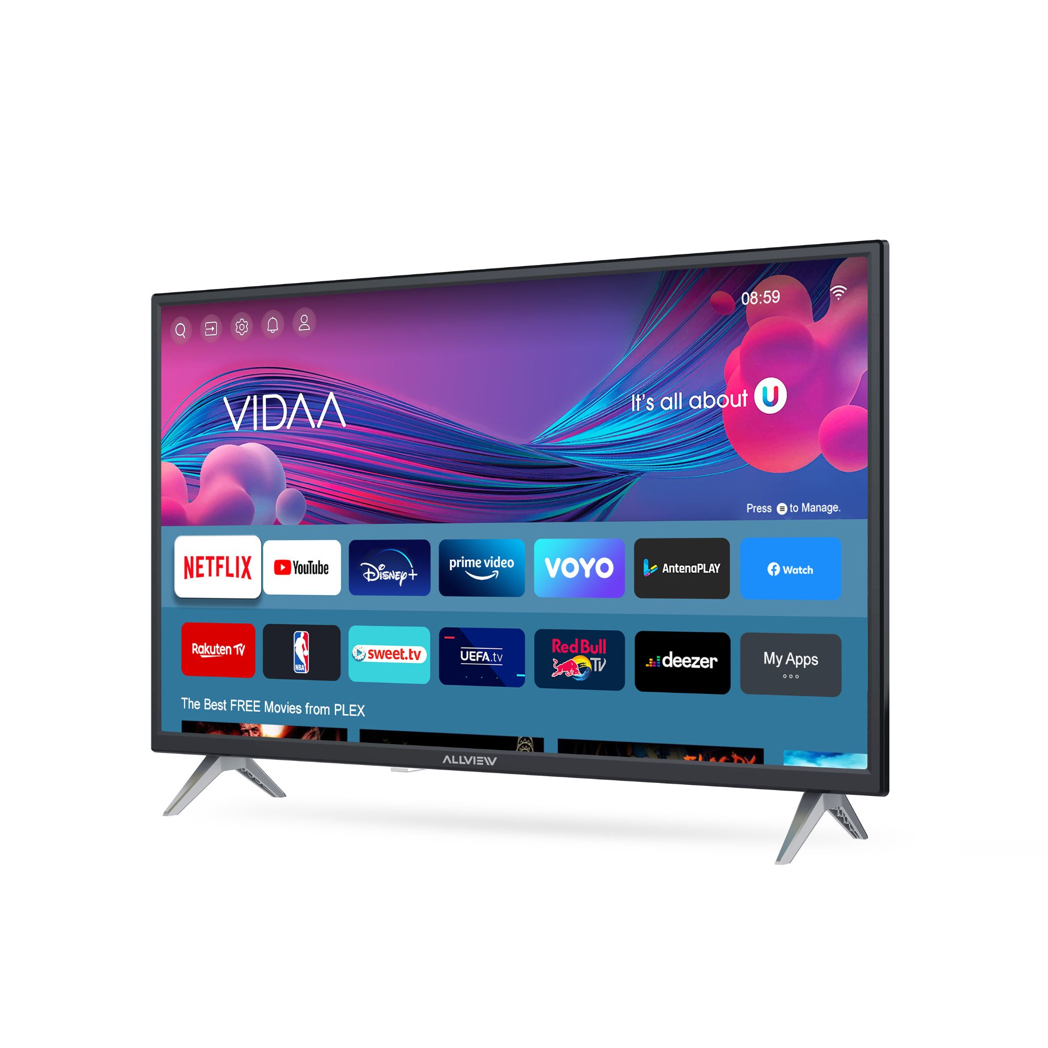 Ein moderner Fernseher mit VIDAA-Betriebssystem und App-Icons wie Netflix, YouTube, Disney+.