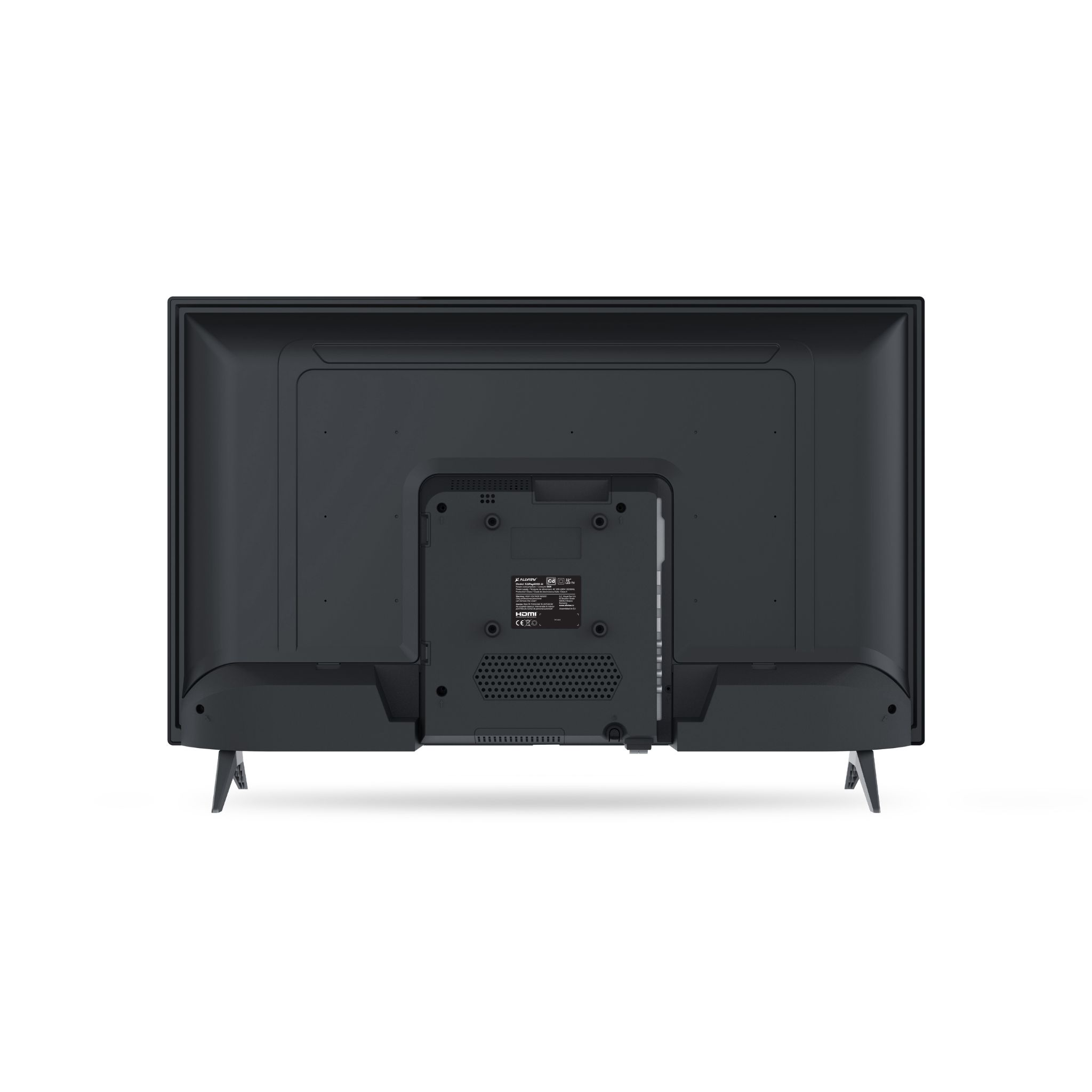 Rückansicht eines schwarzen Fernsehers mit Standfüßen und Anschlüssen.
