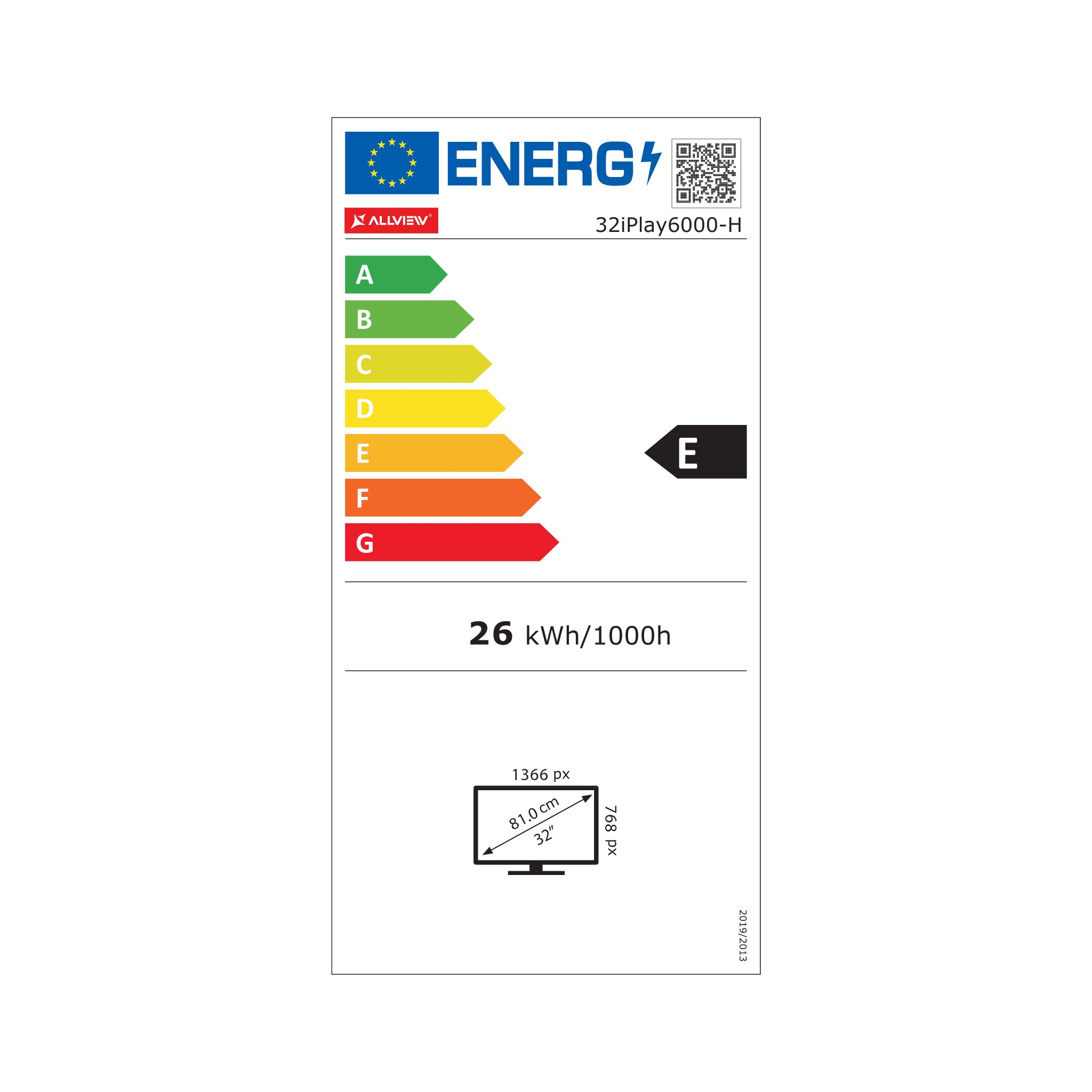 Energieetikett mit Skala A-G und Energieeffizienzklasse E für einen 32-Zoll-Fernseher.