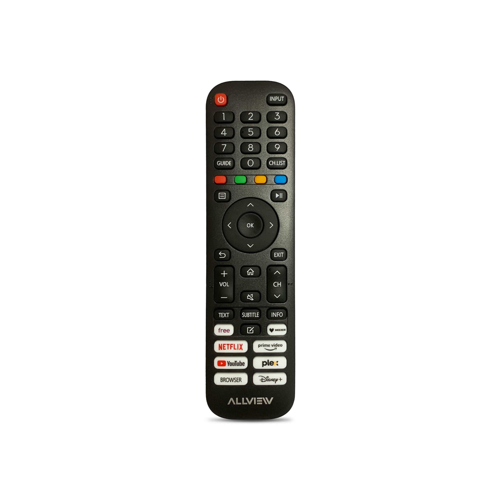 Télécommande noire avec pavé numérique, navigation et boutons d'accès rapide.