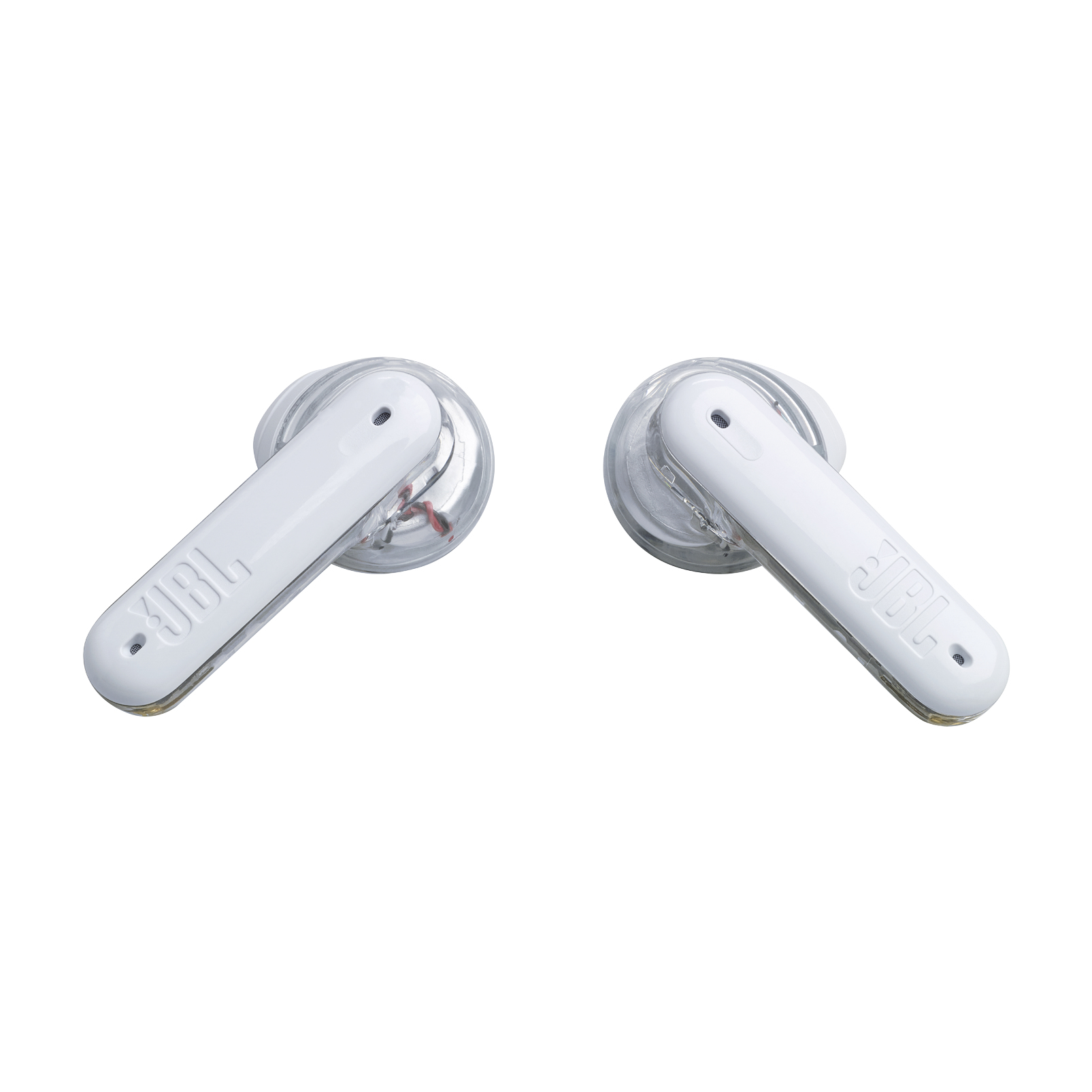 Due auricolari JBL bianchi con custodia trasparente, su sfondo bianco.