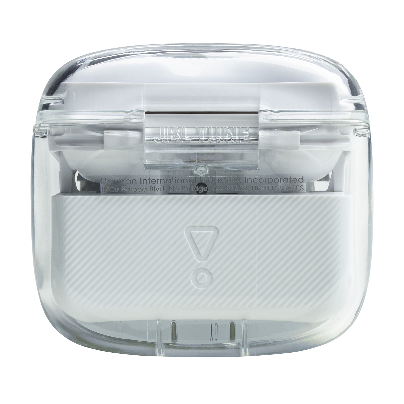 Una custodia di ricarica bianca per cuffie JBL con coperchio trasparente.