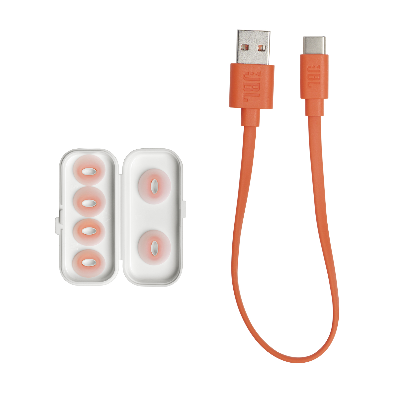 Cavo di ricarica JBL arancione con connettori USB-A e USB-C e gommini auricolari.
